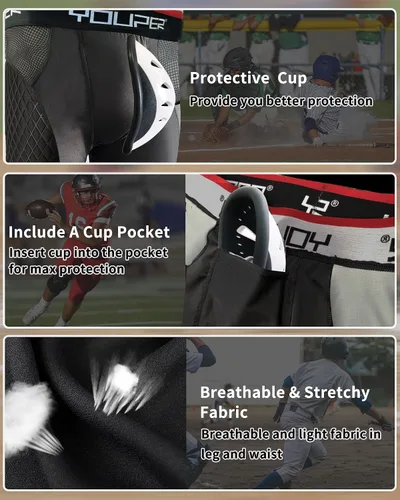 Miniatura 3 de Youper Pantalones cortos deslizantes acolchados de compresión Elite para adultos con copa atlética protectora para béisbol, fútbol