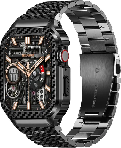 Miniatura 15 de MioHHR Correa y funda de acero inoxidable compatible con Apple Watch Band de 1.614 in, 1.575 in y 1.496 in, cubierta protectora de metal para Negro