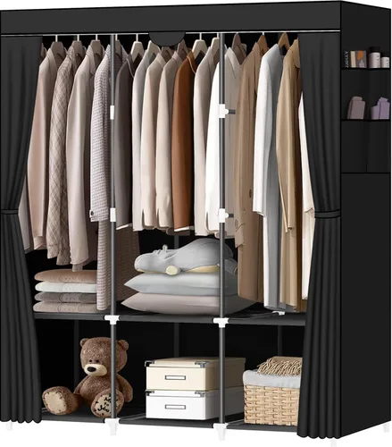 LOKEME Armario portátil, armarios portátiles para colgar ropa con 3 varillas para colgar y 6 estantes de almacenamiento y 4 bolsillos laterales,