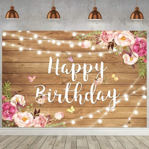 Miniatura 9 de Fondo de madera rústica floral para cumpleaños, flores de primavera, purpurina de madera, fondo de fotografía de feliz cumpleaños para mujeres