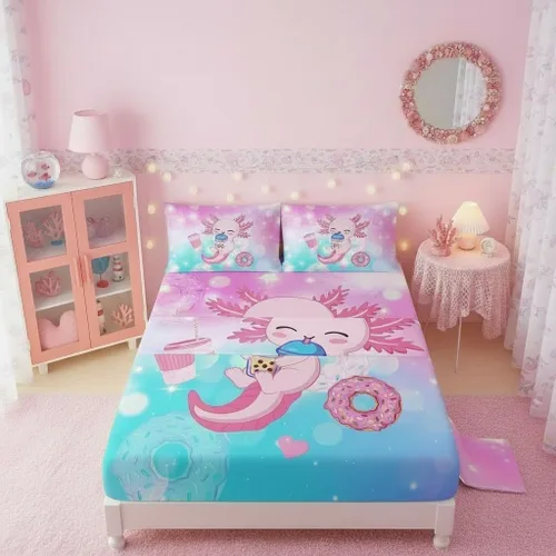Miniatura 32 de QOOMO Ropa de cama Kawaii Axolotl para niños y niñas, diseño de flor de cerezo rosa, juego de ropa de cama súper suave para niños, con estrellas