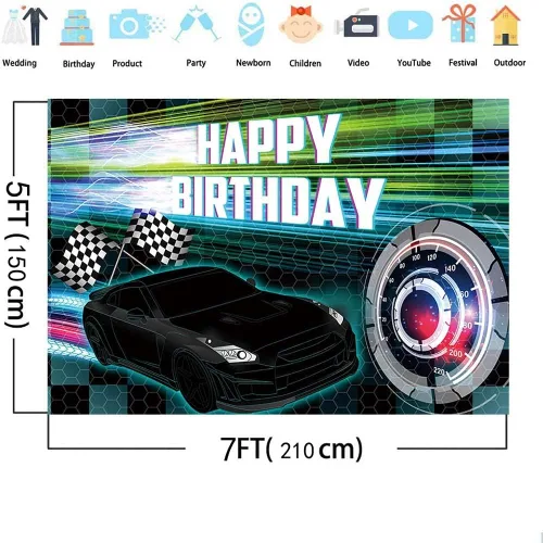 Miniatura 4 de MEHOFOND Telón de fondo negro de 7 x 5 pies, decoración de fiesta de carreras para niños, cartel de fiesta de cumpleaños con temática de auto