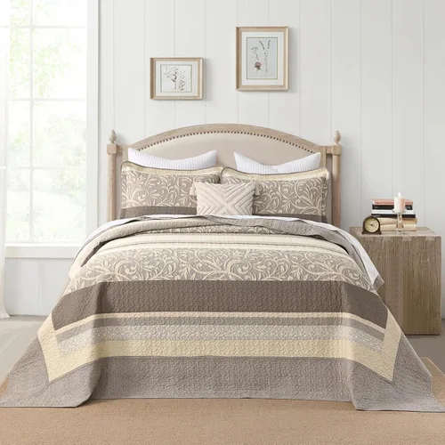 Miniatura 2 de Colchas ligeras King 120x120, Edredón de gran tamaño 100% algodón, Colcha con patrón botánico a rayas, Juego de ropa de cama acolchado reversible