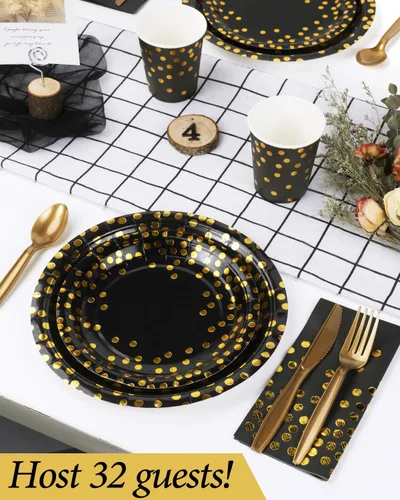 Miniatura 2 de 224 piezas de suministros para fiestas, platos de fiesta negros y dorados, juegos de vasos y servilletas con cuchillos, tenedores y cucharas