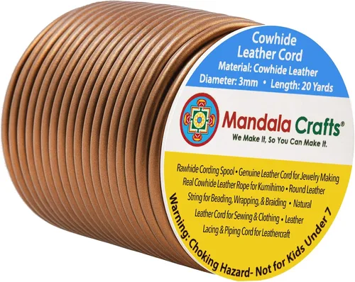 Miniatura 103 de Mandala Crafts Cordón Redondo de Cuero de Piel de Vaca Genuino Beige para Fabricación de Joyas Kumihimo Carrete de Cuerda de Cuero - Cordón