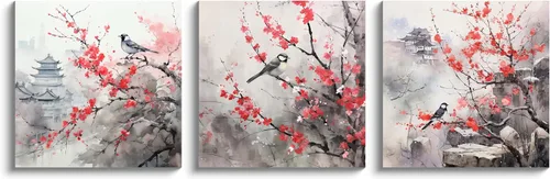 Miniatura 2 de Arte de Pared de Acuarela de Estilo Asiático Tradicional Chino Pájaro en Rama de Flor de Cerezo Roja Decoración Paisaje Floral Oriental Pintura