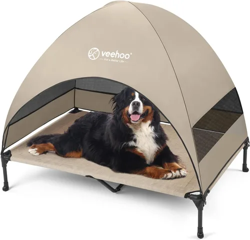 Miniatura 9 de Veehoo Cama para perros con dosel para exteriores, cuna elevada para mascotas con toldo extraíble y enfriamiento, pies antideslizantes, cuna elevada