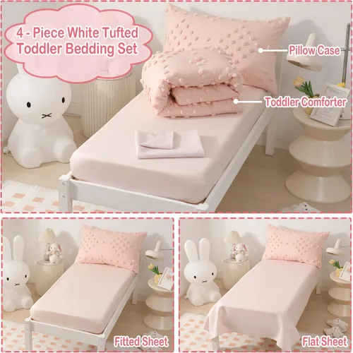 Miniatura 4 de Juego de ropa de cama para niñas pequeñas de 4 piezas, jacquard rosa con pompones y mechones, estilo bohemio boho con puntos mechonados, juego