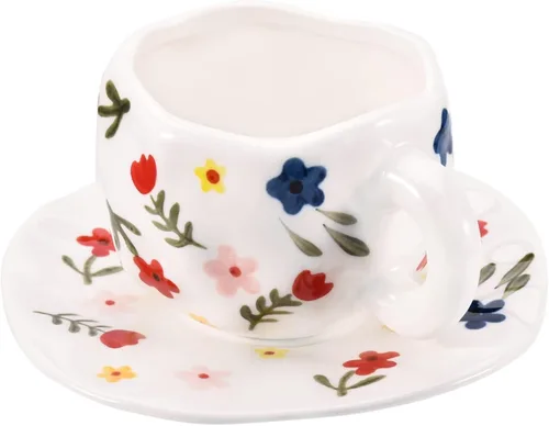 Koythin Taza de café de cerámica, bonita taza rosa para mujer con platillo para la oficina y el hogar, apta para lavavajillas y microondas, 10