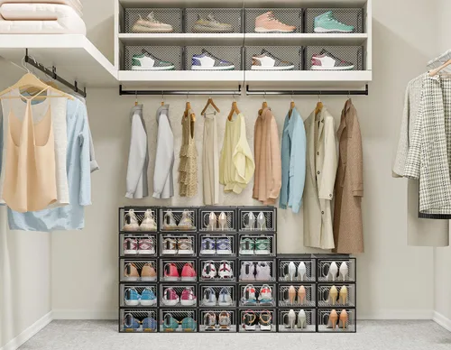 Miniatura 2 de SIMPDIY Almacenamiento de zapatos, paquete de 12 organizadores de zapatos para armario, cajas de zapatos apilables de plástico transparente con Negro