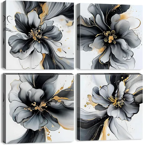 Arte de pared de oro blanco y negro, decoración de pared abstracta de flores, textura de mármol, impresiones en lienzo acuarela minimalista lámina