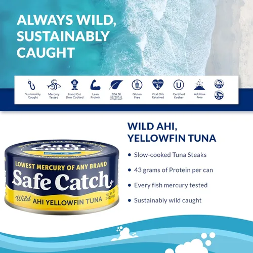 Miniatura 2 de Safe Catch Wild Ahi - Atún de aleta amarilla enlatado, capturado en la naturaleza, con menos mercurio, proteína magra, Omega 3, sin gluten, kosher