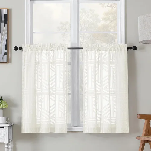 Miniatura 10 de Simplebrand Cortinas traslúcidas negras de cocina de 24 pulgadas de largo, 2 paneles, filtrado de luz, geométrico jacquard con textura, cortinas