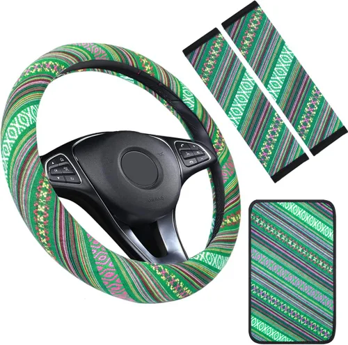 Juego de fundas bohemias para volante, funda para cinturón de seguridad y almohadilla para reposabrazos, tela bohemia para volante de automóvil para