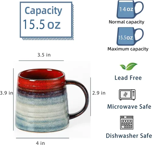 Miniatura 2 de Taza de café grande de cerámica, tazas de cerámica hechas a mano, tazas de té con mango grande para oficina y hogar, 15.5 onzas, aptas para Tinta
