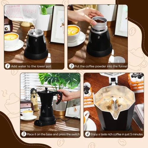 Miniatura 5 de Olla de Café Lemosae 6 Tazas Eléctrica Cafetera de Espresso Italiana Moka 300ml Portátil de Aluminio con Base Desmontable, Regalo para Hogar y Viaje