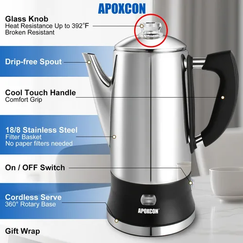 Miniatura 11 de APOXCON Cafetera eléctrica de acero inoxidable con perilla de progreso de preparación transparente, botón de vidrio resistente y interruptor