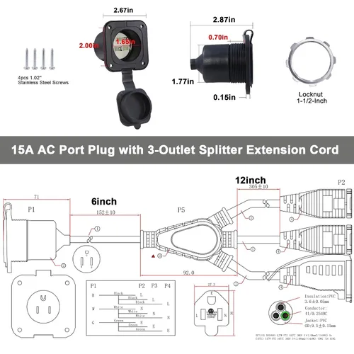 Miniatura 5 de Enchufe de Puerto de CA de 15A - Toma de Entrada de Alimentación de 125V con Cable de Extensión Triple de 18 Pulgadas, Enchufe NEMA 5-15 con Brida