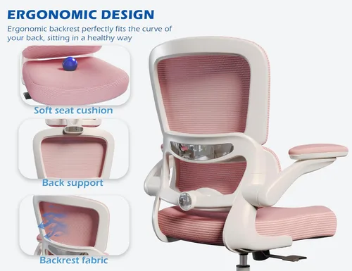 Miniatura 5 de TRALT Silla de oficina ergonómica, silla de escritorio con soporte lumbar ajustable, silla de computadora cómoda de malla con reposabrazos Rosa
