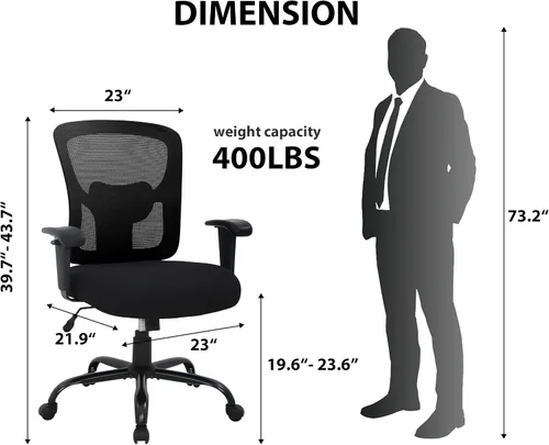 Miniatura 2 de Silla de oficina ergonómica de malla grande y alta, capacidad de 400 libras, asiento grueso, soporte lumbar, reposabrazos ajustables, color negro