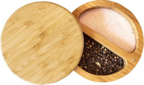 Totally Bamboo Salt Keeper Duet - Salero de bambú con compartimentos duales para sal y pimienta o especias, tapas giratorias magnéticas, caja de sal