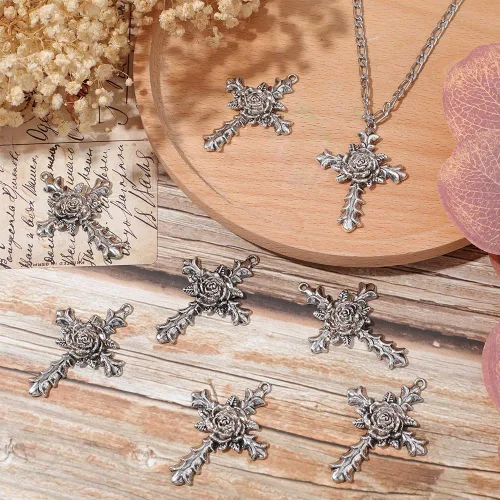 Miniatura 4 de SUNNYCLUE 10 dijes de cruz estilo tibetano, plata antigua, cuentas grandes con flores de rosas, crucifijo vintage para hacer joyas de Pascua
