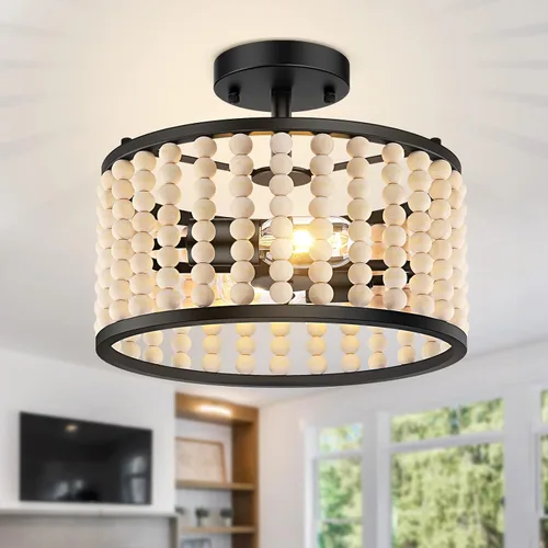 Miniatura 9 de Lámpara bohemia de granja - Lámpara de techo con cuentas de madera, lámpara de techo rústica semiempotrada, lámpara negra de 2 luces para cuarto