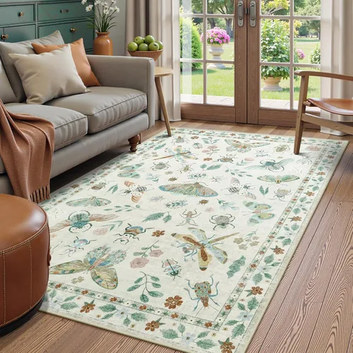 Miniatura 22 de Beeiva Alfombra Lavable para Pasillo 2x6 pies - Beige Vintage Resistente a Manchas Alfombra Floral para Cocina, Alfombras Bohemias