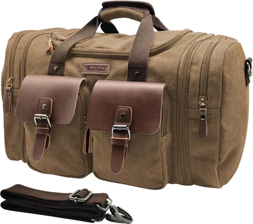 Miniatura 10 de Wildroad Bolsa de viaje de lona de 50L, bolsa de lona expandible de cuero genuino, bolsa de fin de semana mejorada para una noche, bolsa de mano