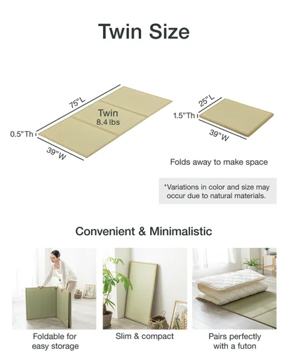 Miniatura 2 de FULI Colchón de tatami japonés, tapete Igusa (hierba 100% japonesa Rush) se pliega en tres, fabricado en Japón (natural, individual)