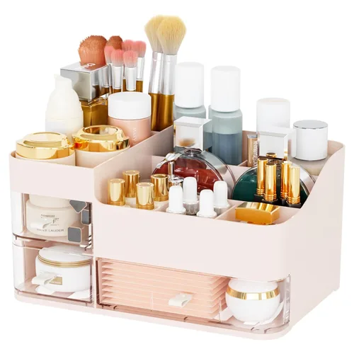 Organizadores de maquillaje rosa para tocador con 3 cajones, organizadores grandes para el cuidado de la piel para encimera, escritorio, aparador,