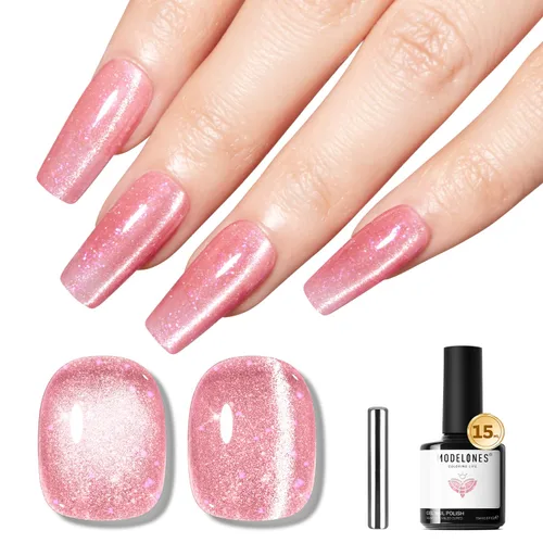 Miniatura 41 de Modelones Esmalte de uñas de gel ojo de gato arco iris con lentejuelas plateadas holográficas, esmalte de uñas de gel 9D con barra magnética, apto