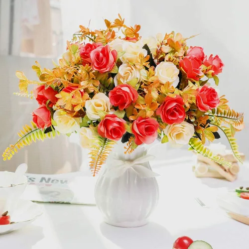 Miniatura 11 de LESING Ramos de flores artificiales de hortensias de seda con jarrón, flores falsas rústicas para decoración del hogar, centro de mesa (champán)