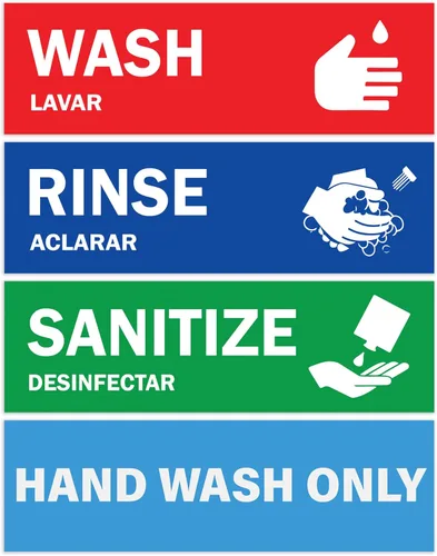 Etiquetas para fregadero de lavar, enjuagar y desinfectar – 2.75 x 9 pulgadas – También incluye letrero de lavado a mano únicamente – Señales