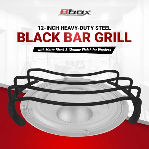 Miniatura 2 de Bbox Parrilla de barra negra de acero resistente diseñada en Estados Unidos con acabado negro mate y cromado, ideal para woofers de 12 pulgadas