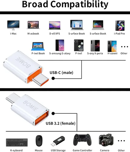 Miniatura 8 de BOMIE Paquete de 2 adaptadores USB C a USB, transferencia de datos de 100 W, carga rápida de 100 W, adaptador OTG tipo C macho a USB 3.2 hembra
