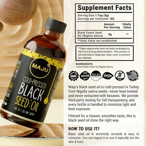 Miniatura 7 de Aceite de semilla negra de MAJU 16 onzas: timoquinona 3X, prensado en frío, 100% aceite de semilla de comino negro turco Nigella sativa