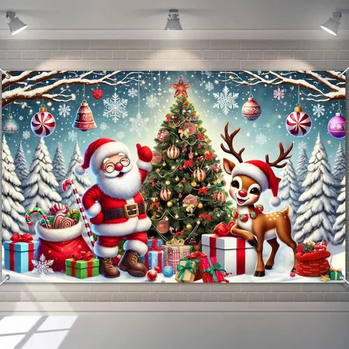 Miniatura 13 de BlissYard Pancarta de Fondo Navideño Escena de Chimenea con Muñeco de Nieve Reno Medias Guirnalda Árbol Regalos Decoración de Fiesta Navideña 71×43