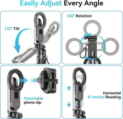 Miniatura 6 de Magsafe - Trípode para iPhone/Android, ultra portátil, con control remoto recargable y anillo de metal, trípode desmontable extensible para teléfono