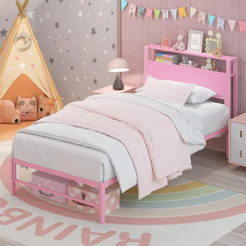 Miniatura 10 de Weehom Marco de cama individual para niños, cama de tamaño individual con estantes de madera de 2 niveles, cabecero debajo de la cama, espacio