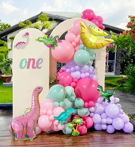 Kit de arco de guirnalda de globos de dinosaurio rosa con globo de dinosaurio rosa pastel, morado, verde azulado y globo de dinosaurio de aluminio