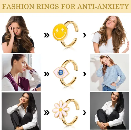 Miniatura 3 de Juego de 9 anillos giratorios giratorios para ansiedad, anillos giratorios para ansiedad, apilables, giratorios, calmantes, ajustables para mujeres