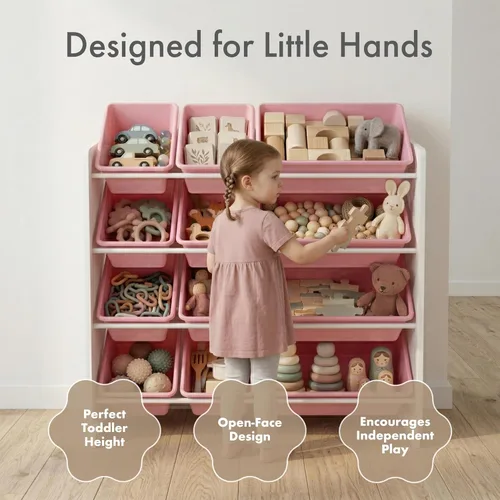 Miniatura 3 de Humble Crew Organizador de almacenamiento de juguetes para niños con 12 cubos de plástico, blanco/rosa, contenedores extraíbles para sala