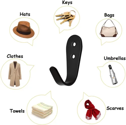 Miniatura 6 de Ganchos para puerta de pared, paquete de 8 perchas negras para chaquetas, montaje en pared, de acero inoxidable, gancho individual para bata, Negro