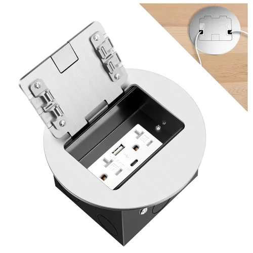 Miniatura 24 de Kit de toma de corriente eléctrica de piso empotrado, salida dúplex GFCI circular oculta de 20 amperios, salida de receptáculo resistente a