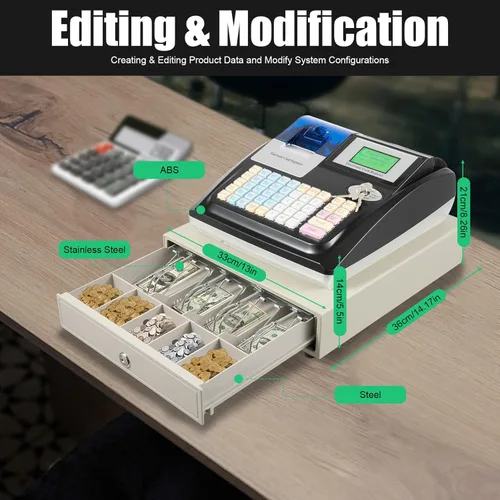 Miniatura 7 de Caja registradora electrónica, caja registradora POS System con 48 llaves, bandeja de efectivo extraíble e impresora térmica, caja registradora