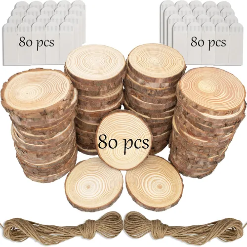 Miniatura 10 de Rebanadas de madera natural sin terminar, 80 círculos de madera de 3.2 a 4 pulgadas para manualidades, adornos de Navidad, kit de madera con broca