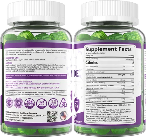 Miniatura 8 de Gomitas de nicotinamida de 500 mg (niacina libre de rubor) Suplemento de niacinamida de vitamina B3 para regeneración celular, niveles de NAD+