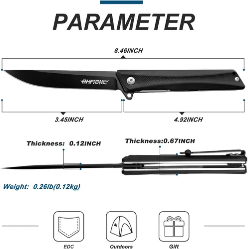 Miniatura 2 de ohmonlyhoo Cuchillo de bolsillo, cuchillo plegable de 3.5 pulgadas con mango G10 y hoja D2, cuchillo EDC con funda de nylon para hombres y mujeres