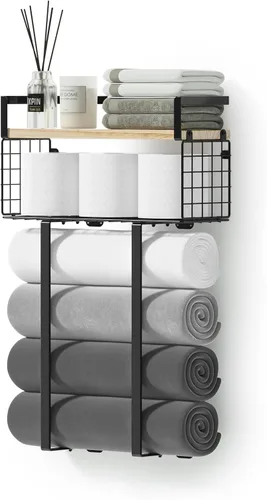 Miniatura 12 de Xstydes Toalleros para baño, toallero de metal con cesta de almacenamiento, toallero de pared para toallas enrolladas, almacenamiento de toallas